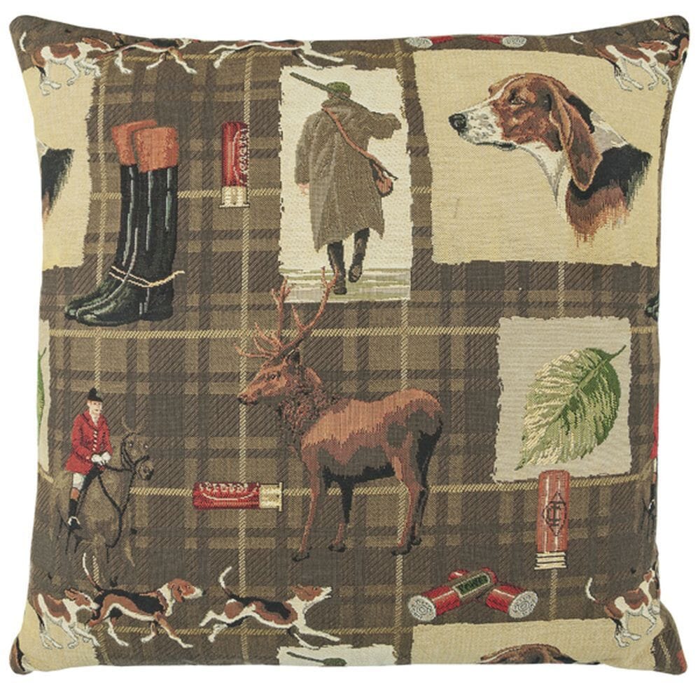 Hunting Brown Tartan Tapestry Cushion with Feather Filler 