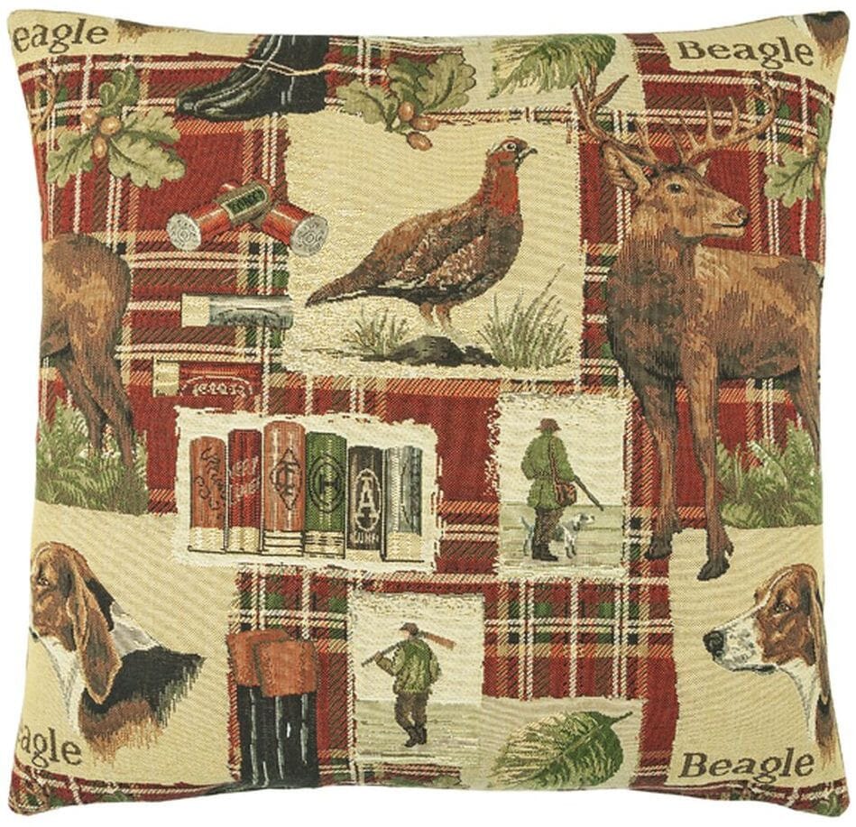 Beagle Red Tartan Tapestry Cushion with Feather Filler 