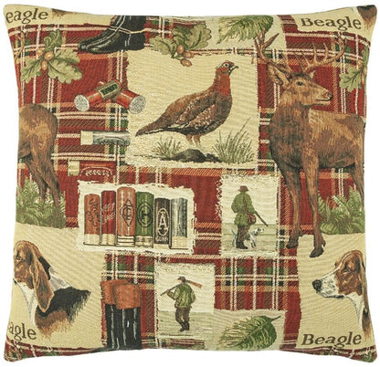 Beagle Red Tartan Tapestry Cushion with Feather Filler 