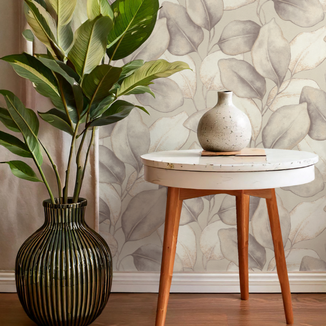 659856 - Opulenza Leaf Wallpaper - Soft Grey - Rasch