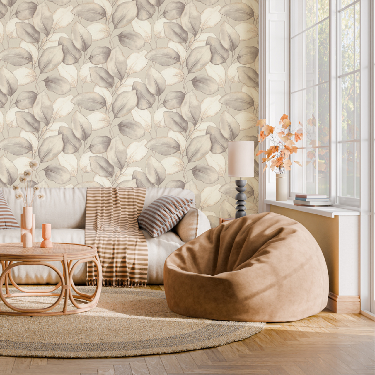 659856 - Opulenza Leaf Wallpaper - Soft Grey - Rasch