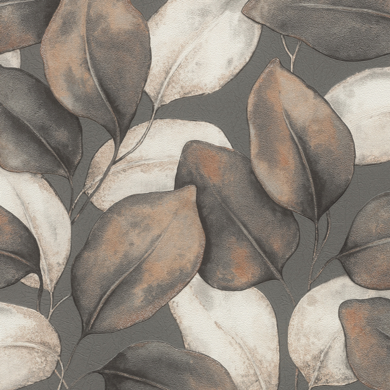 659887 - Opulenza Leaf Wallpaper - Charcoal &Rust - Rasch
