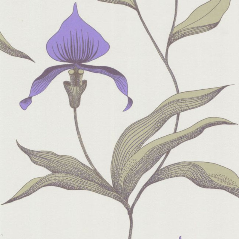 Orchid Wallpaper - Lilac & Old Olive on Eau du Nil - 66/4024