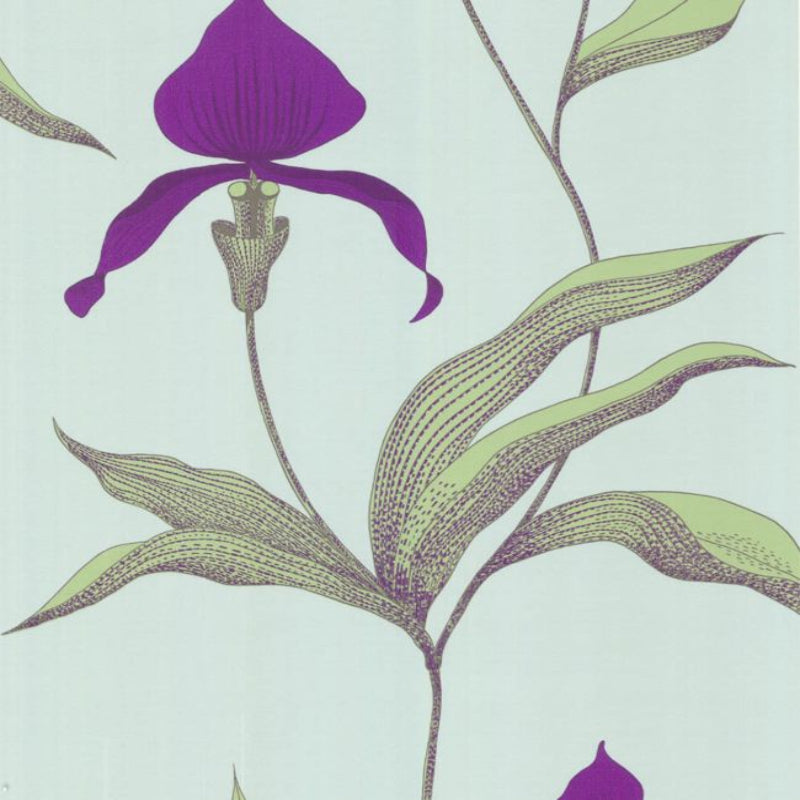 Orchid Wallpaper - Purple & Leaf Green on Seafoam - 66/4027
