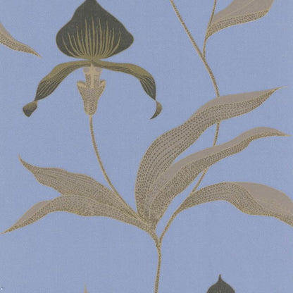 Orchid Wallpaper - Charcoal, Taupe & Metallic Gold on Hyacinth Blue - 66/4030