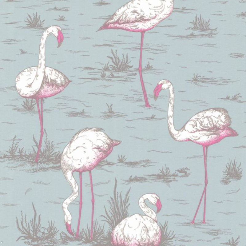 Flamingos Wallpaper - White & Fuchsia on Sea Foam - 66/6044
