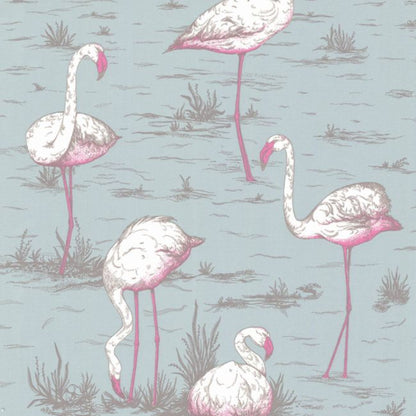 Flamingos Wallpaper - White & Fuchsia on Sea Foam - 66/6044