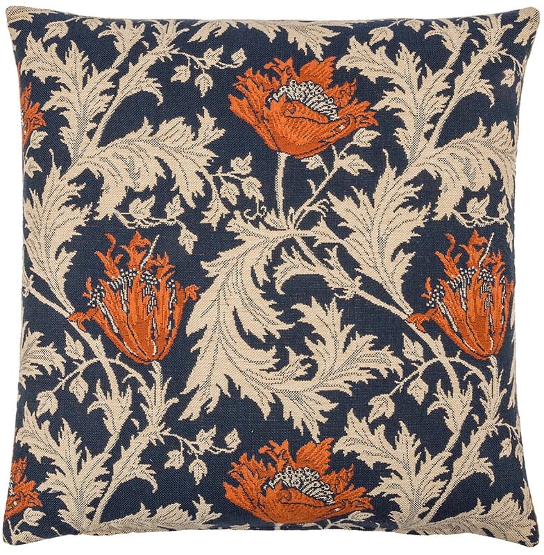 Morris Anemone Blue Rust Tapestry Cushion with Feather Filler 