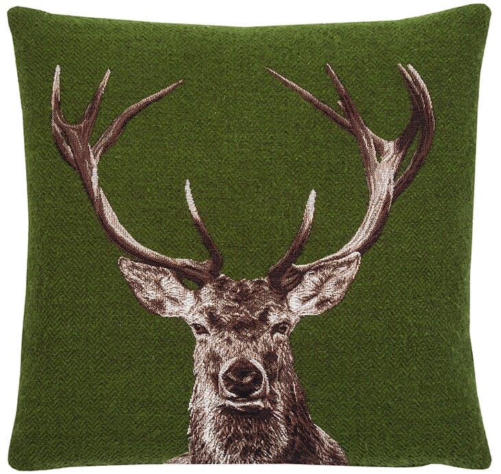 Stately Stag Green Tapestry Cushion with Feather Filler 