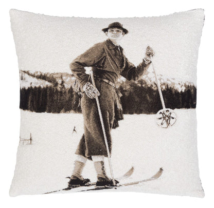 Vintage Skiing I Tapestry Cushion with Feather Filler 
