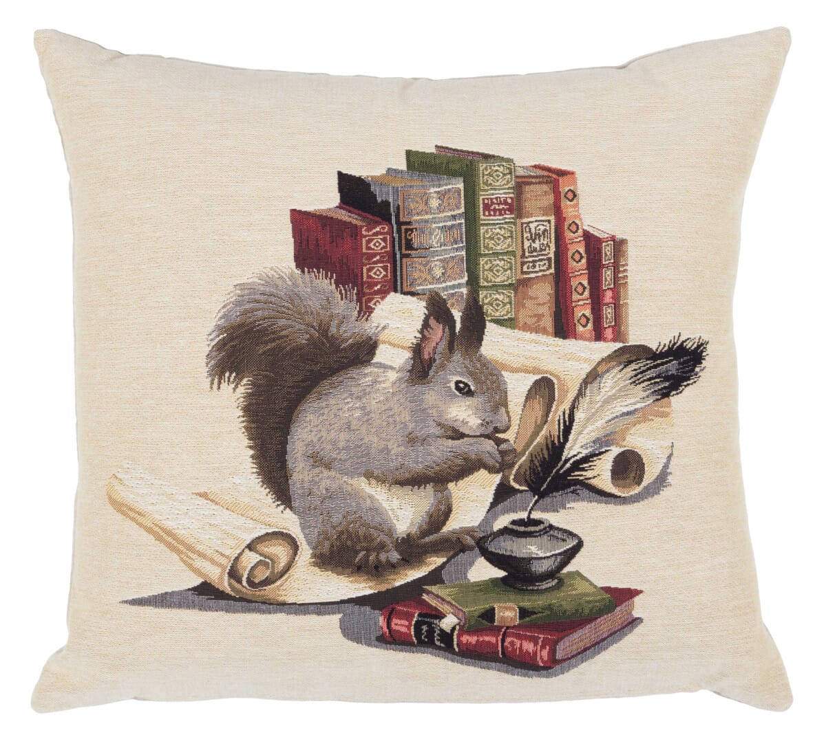 Library Squirrel Tapestry Cushion with Feather Filler 