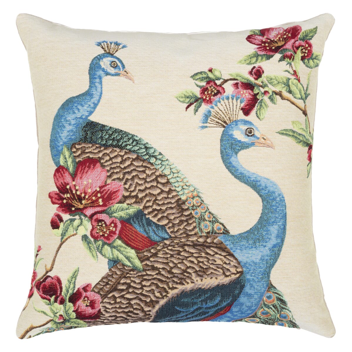 Peacock & Flowers Tapestry Cushion with Feather Filler 
