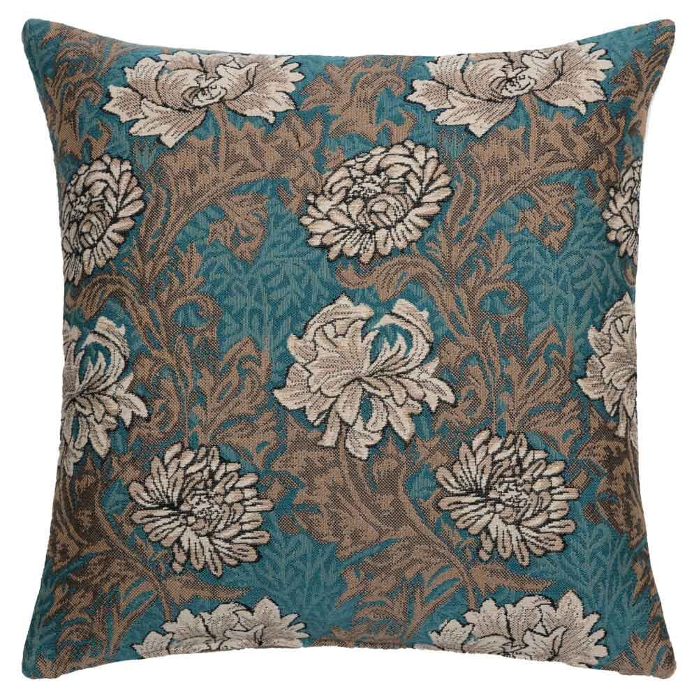 Chrysanthemums Aqua Regular Cushion with Feather Filler 