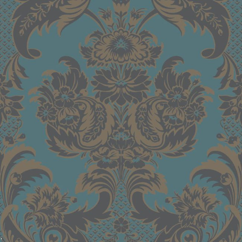 Wyndham Wallpaper - Metallic Gilver & Dark Viridian on Petrol - 94/3017