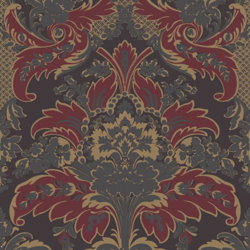 Aldwych Wallpaper - Metallic Gilver & Crimson on Charcoal - 94/5029