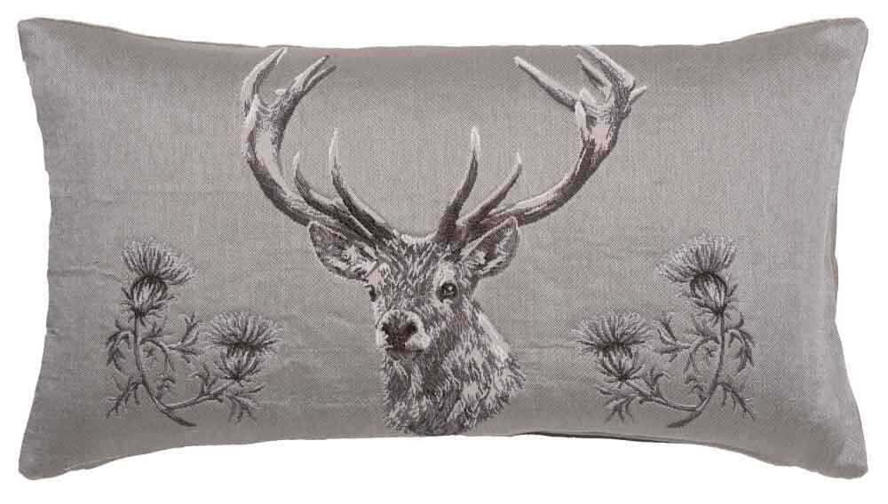 Stag & Thistle Country Linen Tapestry Cushion with Feather Filler 