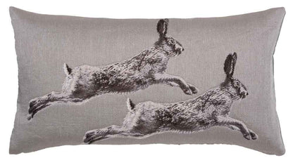 Leaping Hares Country Linen Tapestry Cushion with Feather Filler 