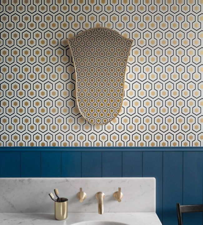 Hicks' Hexagon Wallpaper - Teal & Metallic Bronze on Soot - 95/3018