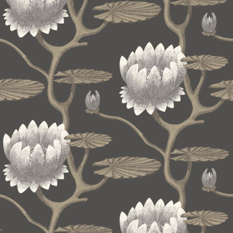 Summer Lily Wallpaper - White & Metallic Gilver on Charcoal - 95/4026