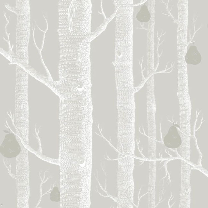 Woods & Pears Wallpaper - White & Metallic Silver on Grey - 95/5029