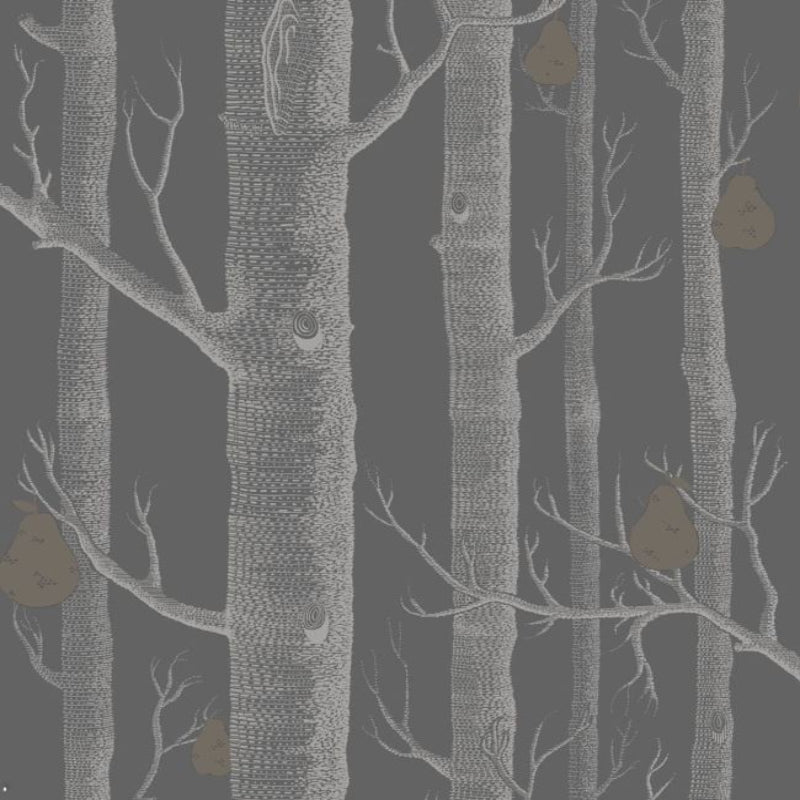 Woods & Pears Wallpaper - White & Metallic Silver on Charcoal - 95/5031