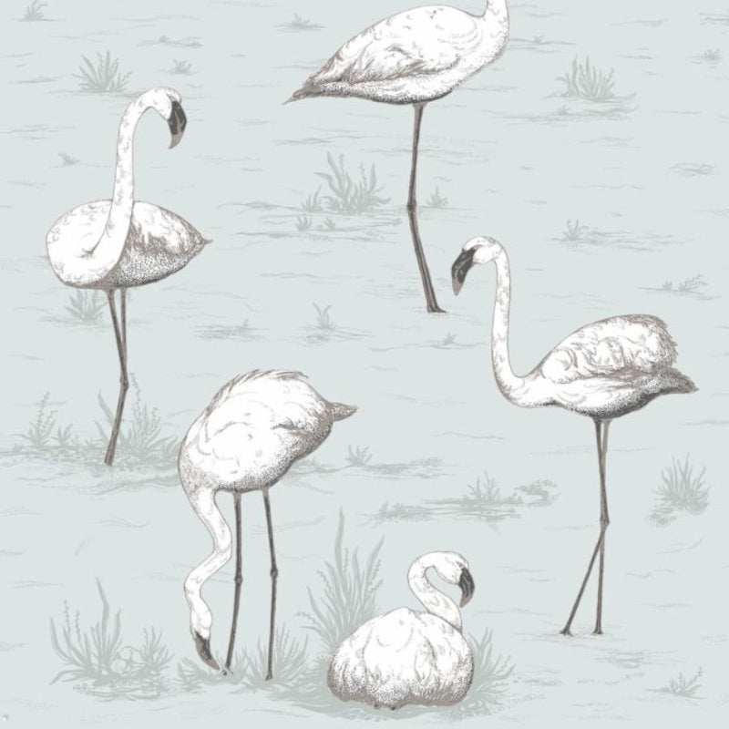 Flamingos Wallpaper - White & Charcoal on Powder Blue - 95/8047