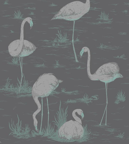 Flamingos Wallpaper - Metallic Silver & Teal on Charcoal - 95/8048