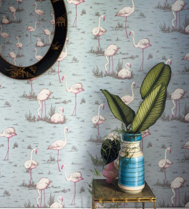 Flamingos Wallpaper - Metallic Silver & Teal on Charcoal - 95/8048