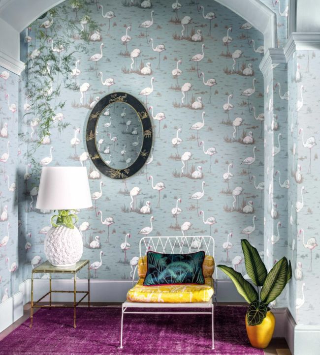 Flamingos Wallpaper - Metallic Silver & Teal on Charcoal - 95/8048