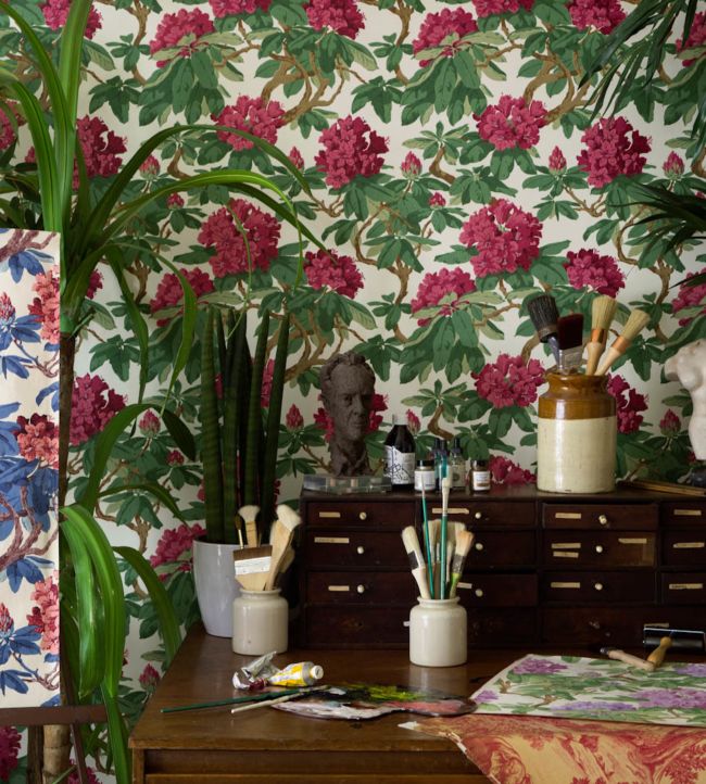 Bourlie Wallpaper - White, Olive Green on Duck Egg - 99/4022