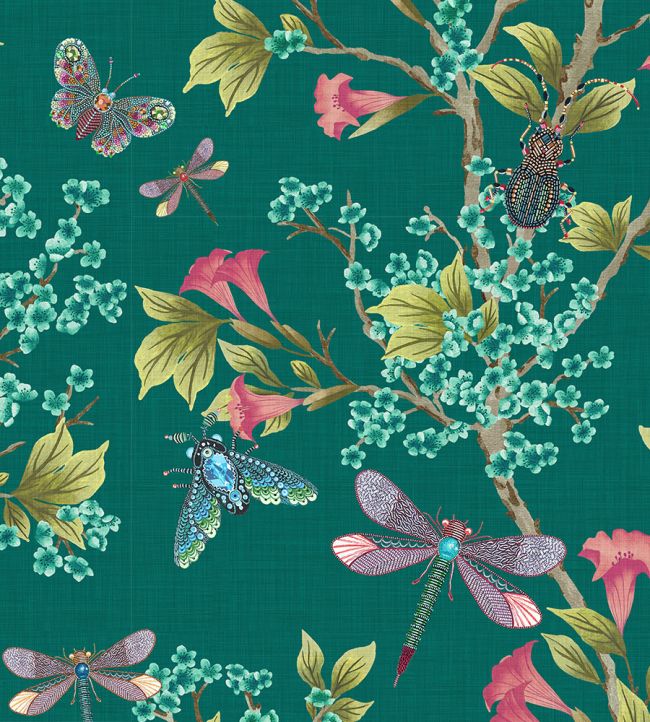 BMHD002-04C - Jewel A Flutter Wallpaper - Teal & Coral - Brand McKenzie