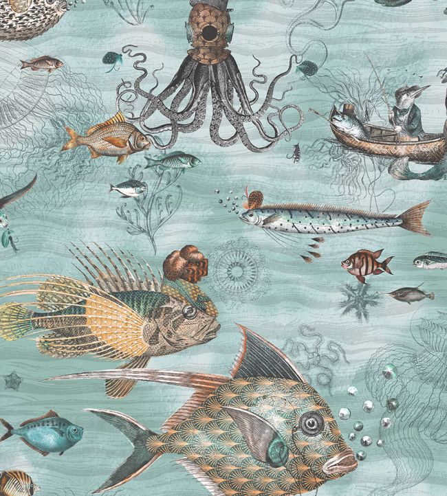 BMHD002-07A - Sea Life Wallpaper - Aqua & Orange - Brand McKenzie