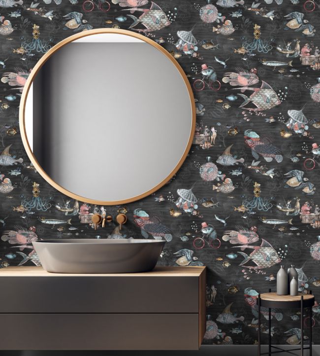 BMHD002-07C - Sea Life Wallpaper - Charcoal & Pink - Brand McKenzie