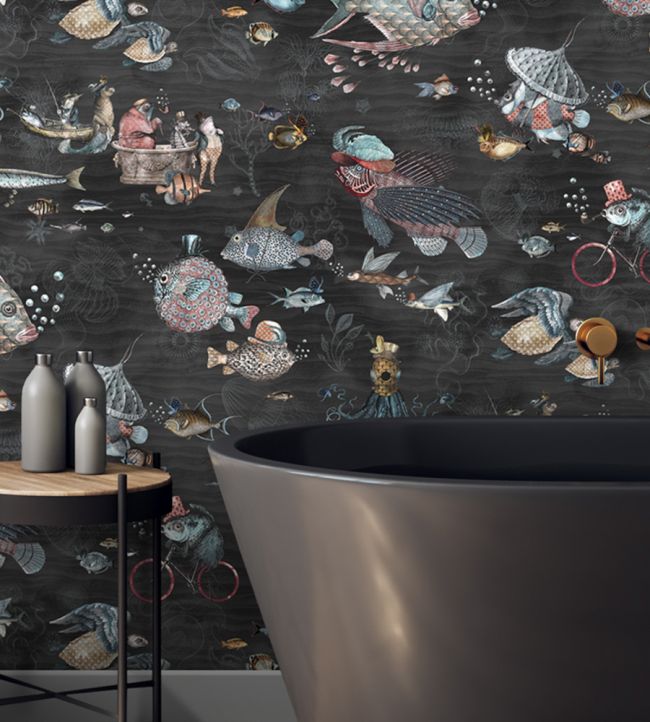 BMHD002-07C - Sea Life Wallpaper - Charcoal & Pink - Brand McKenzie