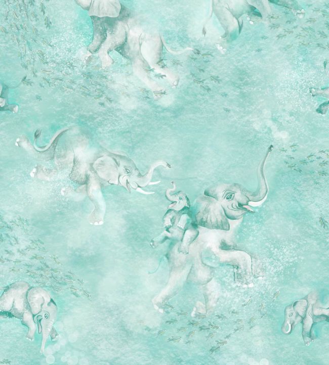 BMPP004-02A - Elephant Breaststroke Wallpaper - Aqua - Brand McKenzie