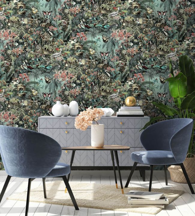 BMPP004-05A - Jungle Life Wallpaper - Aquamarine & Coral - Brand McKenzie