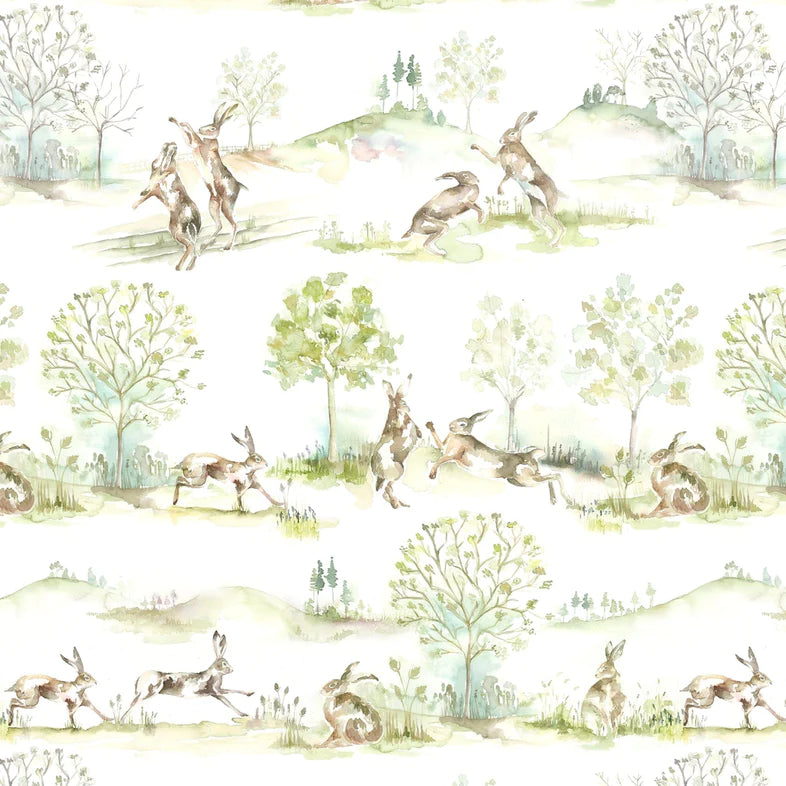 Boxing Hares Linen Fabric