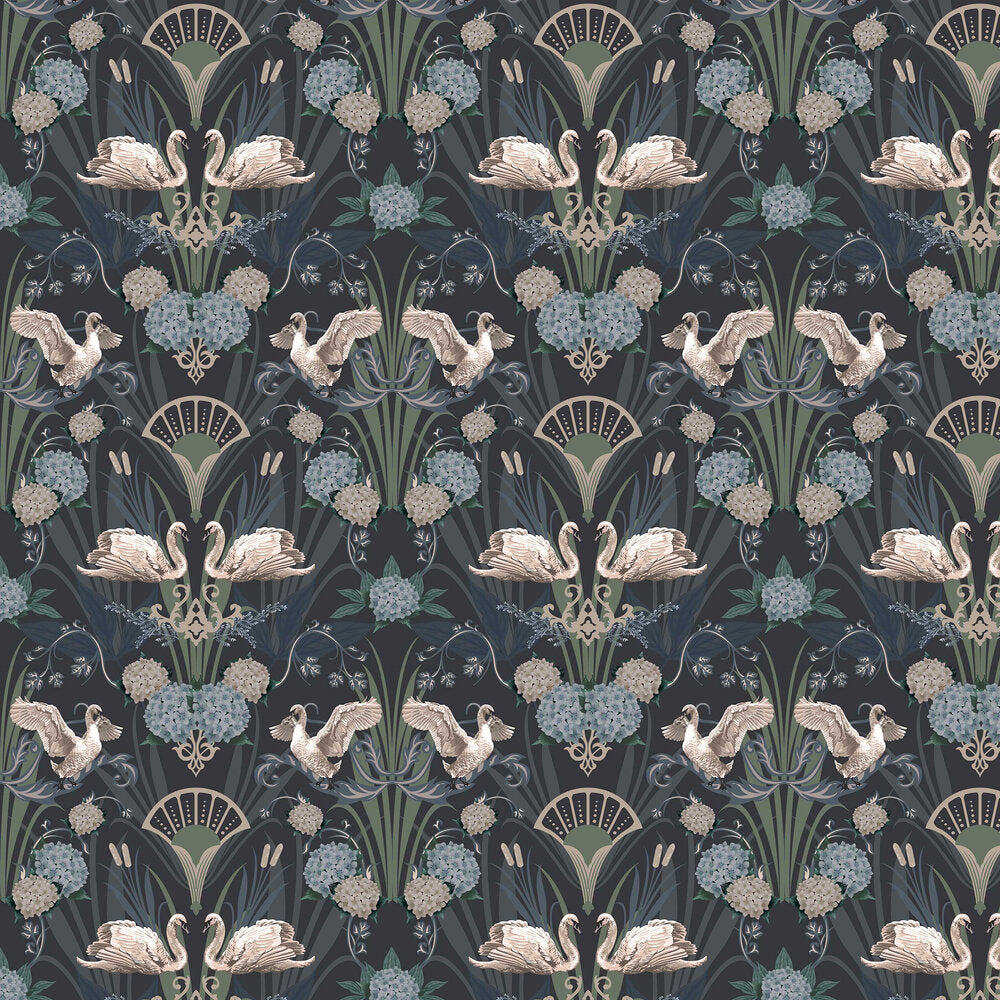 Deco Swan Wallpaper - Blue - The Graduate Collection