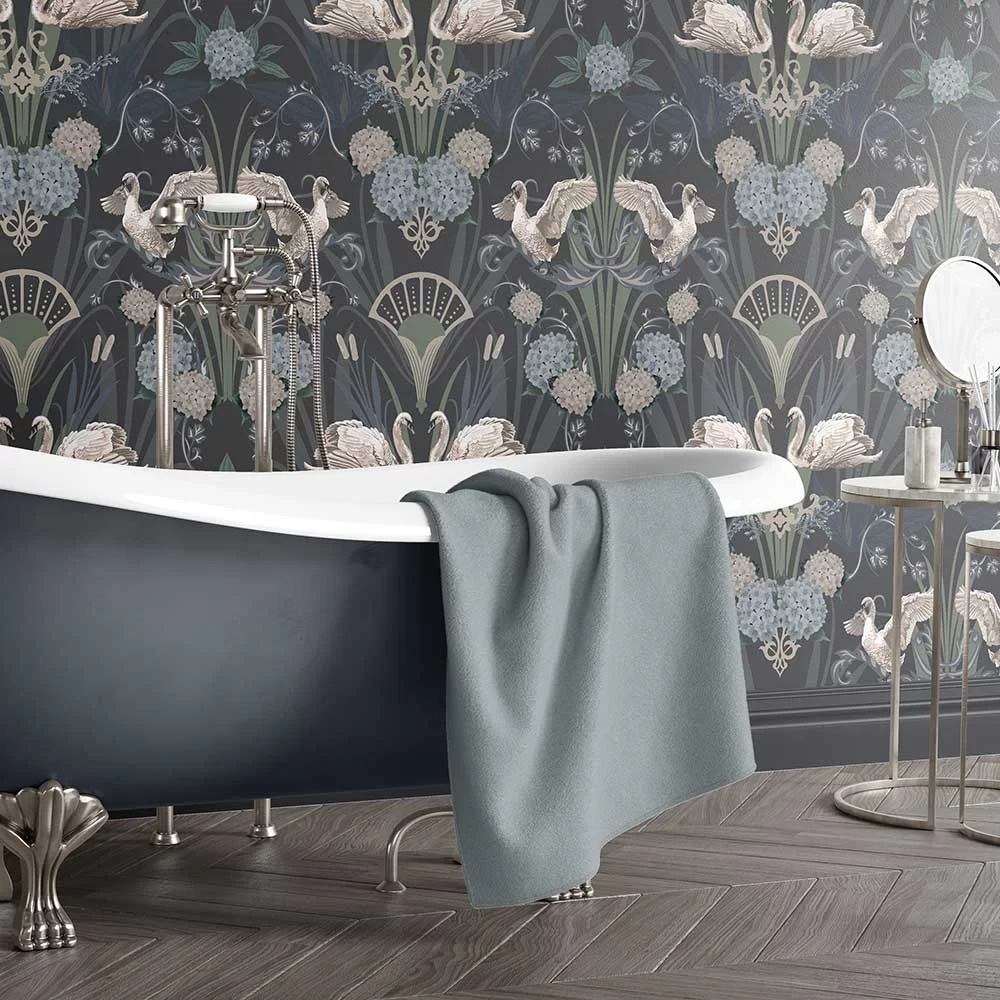 Deco Swan Wallpaper - Blue - The Graduate Collection