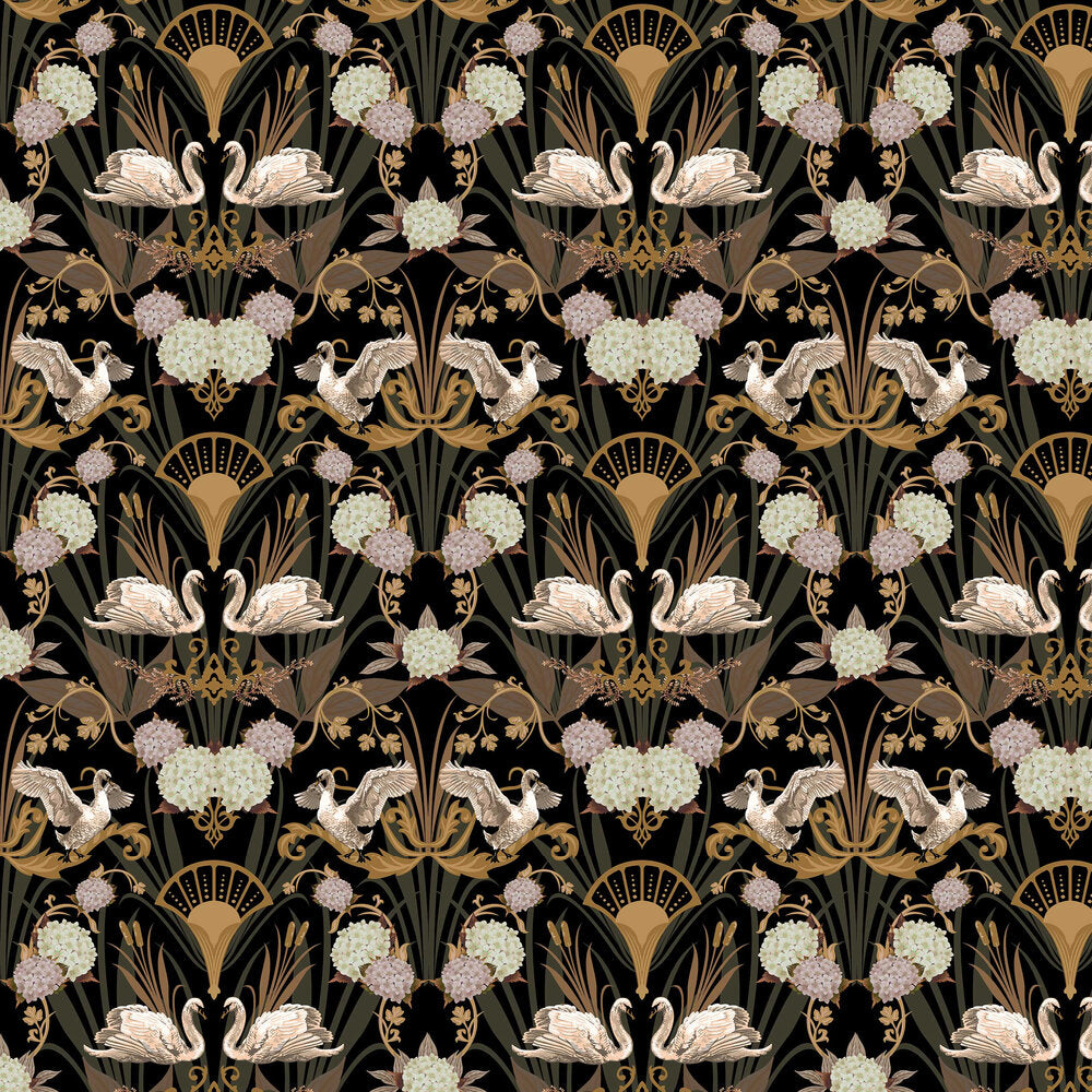 Deco Swan Wallpaper - Charcoal - The Graduate Collection