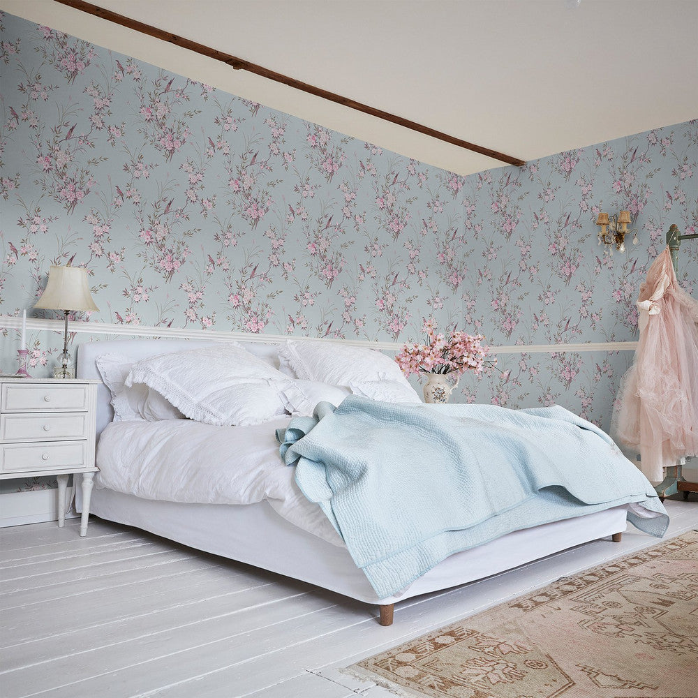 Bird Chinoiserie Wallpaper - Blue - Shabby Chic