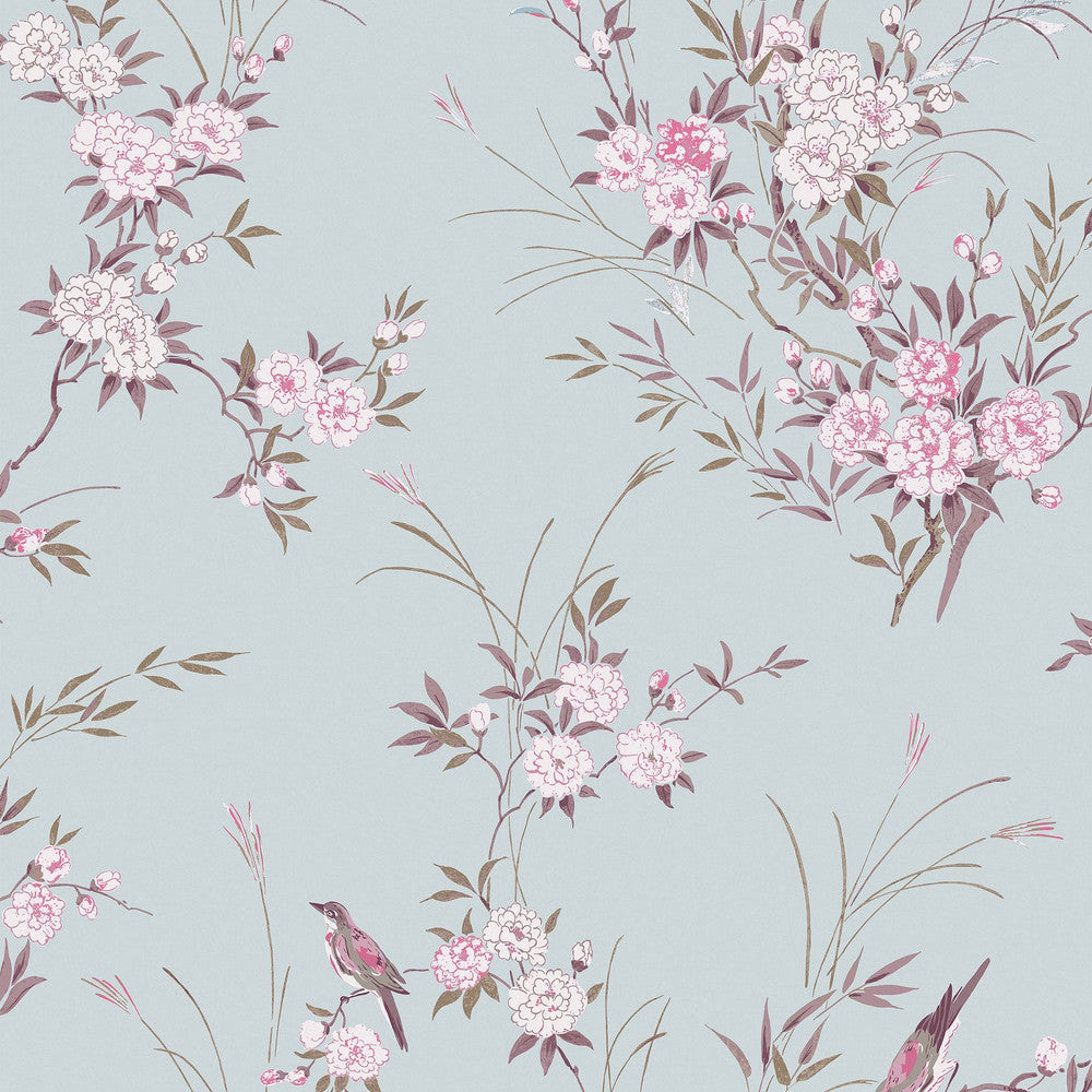 Bird Chinoiserie Wallpaper - Blue - Shabby Chic