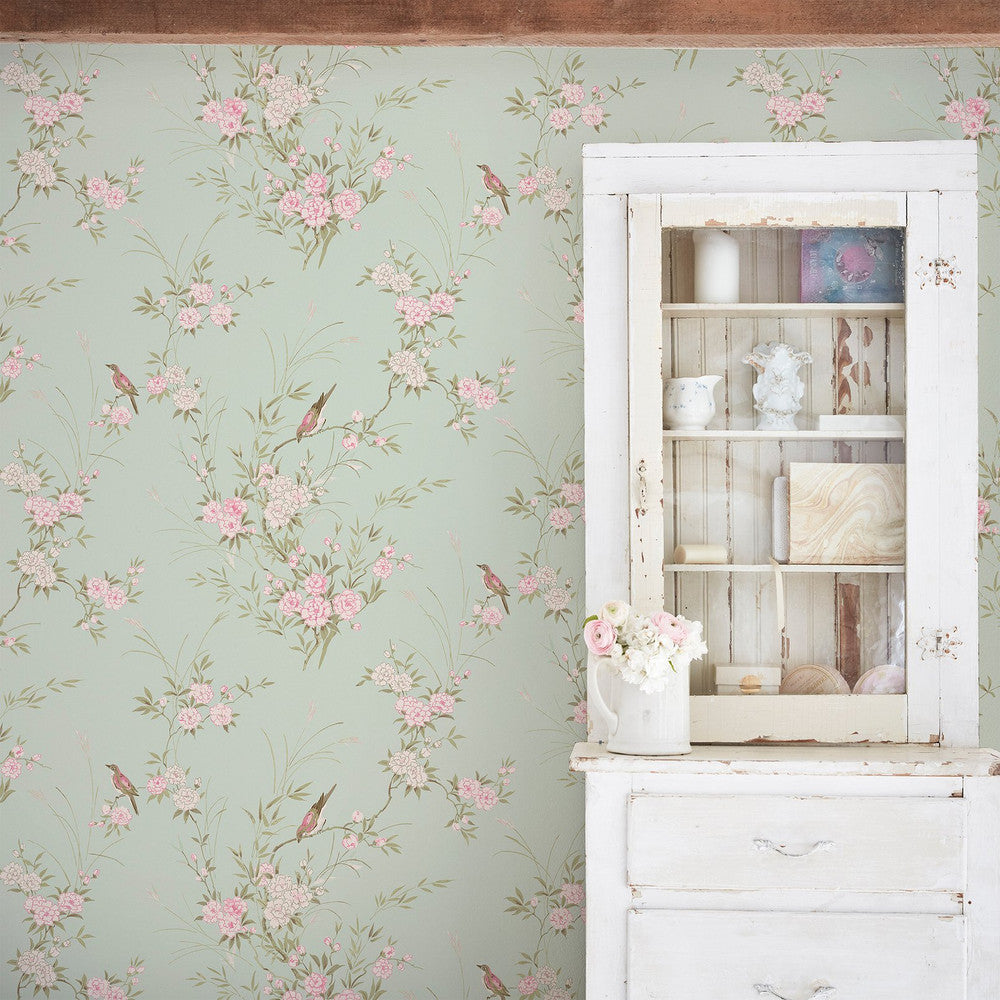 Bird Chinoiserie Wallpaper - Green - Shabby Chic