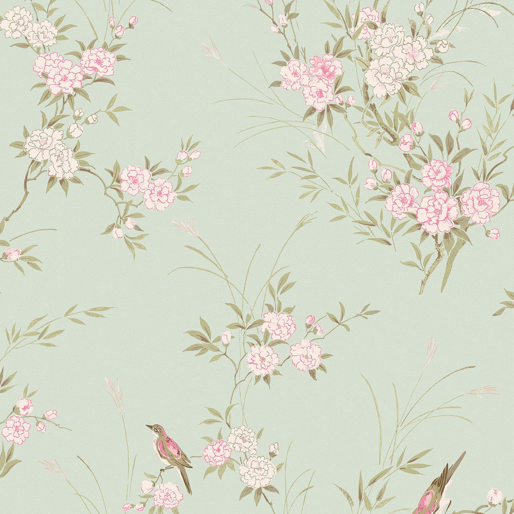 Bird Chinoiserie Wallpaper - Green - Shabby Chic