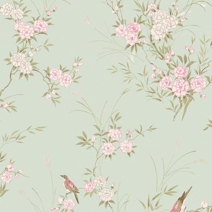 Bird Chinoiserie Wallpaper - Green - Shabby Chic