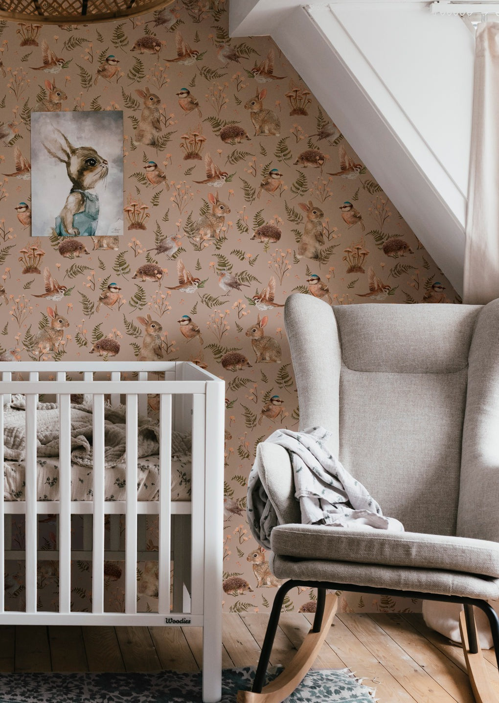 Birds & Bunnies Nursery Wallpaper - Dusty Rose - Summer Gray
