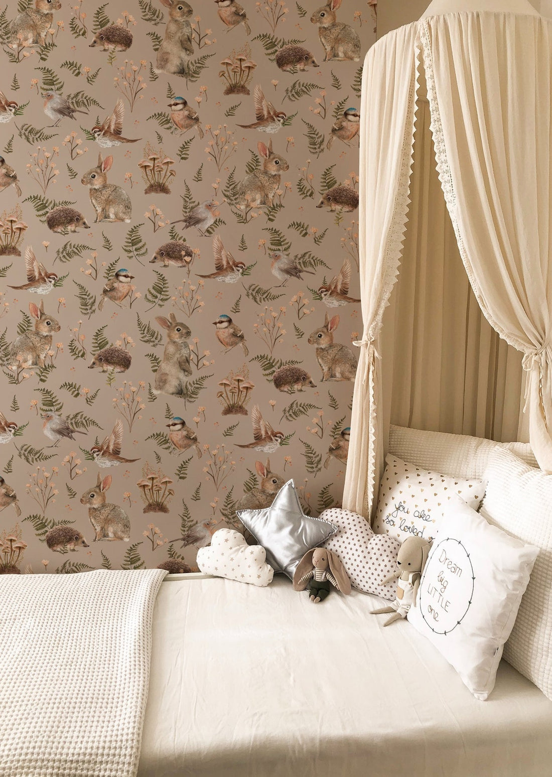 Birds & Bunnies Nursery Wallpaper - Dusty Rose - Summer Gray
