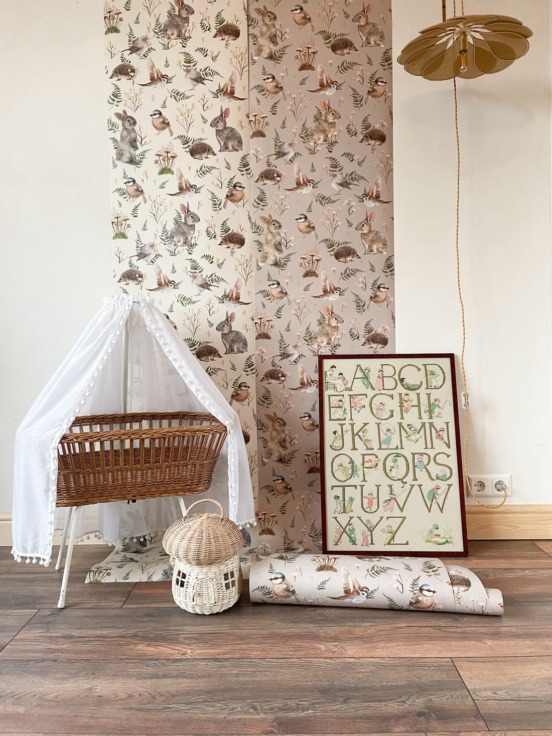 Birds & Bunnies Nursery Wallpaper - Dusty Rose - Summer Gray
