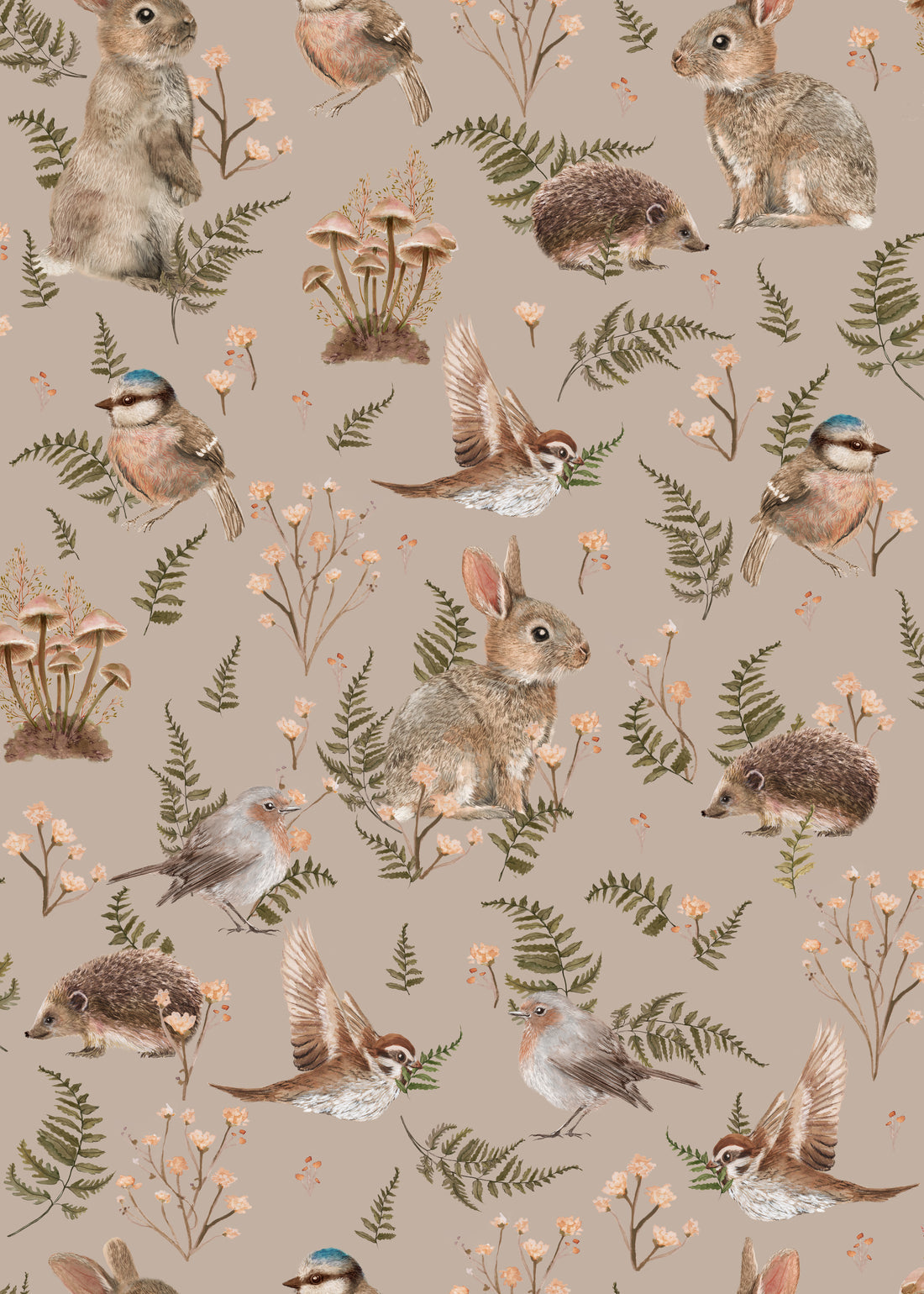 Birds & Bunnies Nursery Wallpaper - Dusty Rose - Summer Gray
