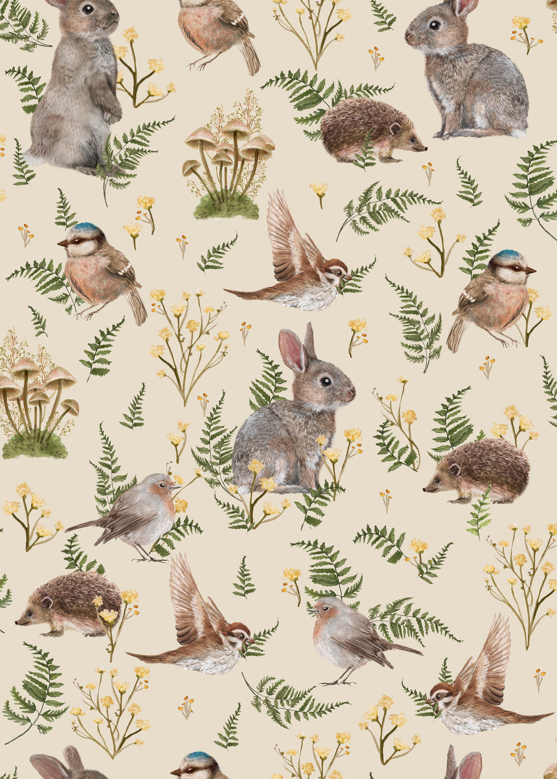 Birds & Bunnies Nursery Wallpaper - Ecru - Summer Gray
